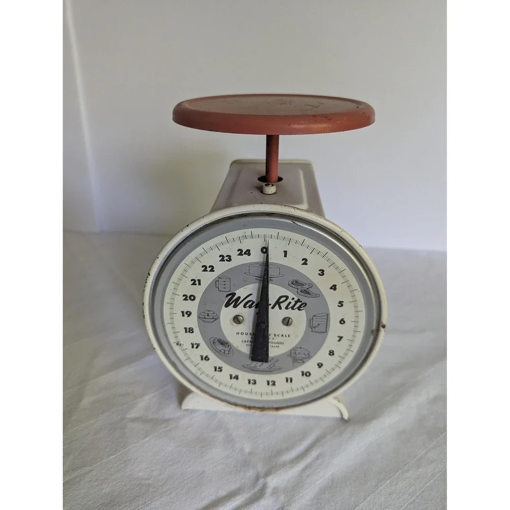 Vintage Way Rite Household Metal Kitchen Scale 25 lbs. Red & White Farmhouse